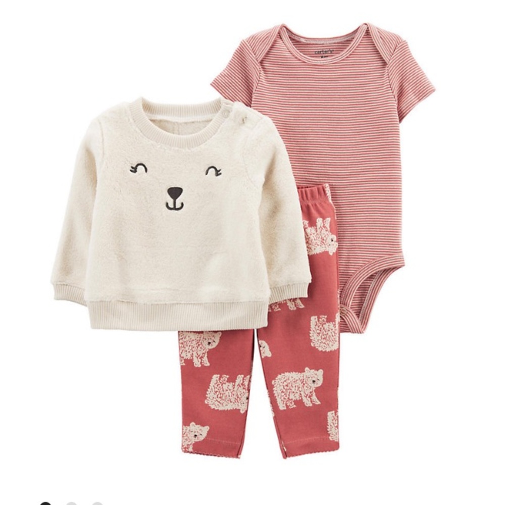 Carters 3 piece set fuzzy bear sweatshirt onesie and jogging pant legging NWT